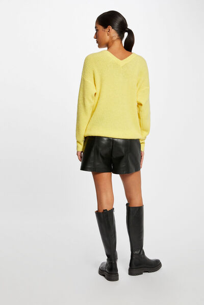 Pull manches longues à col en V jaune moyen femme