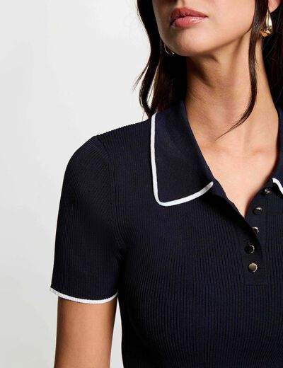 Robe tricot col &agrave; revers bleu marine femme