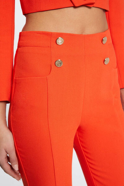 Pantalon city ajusté 7/8ème avec boutons orange femme