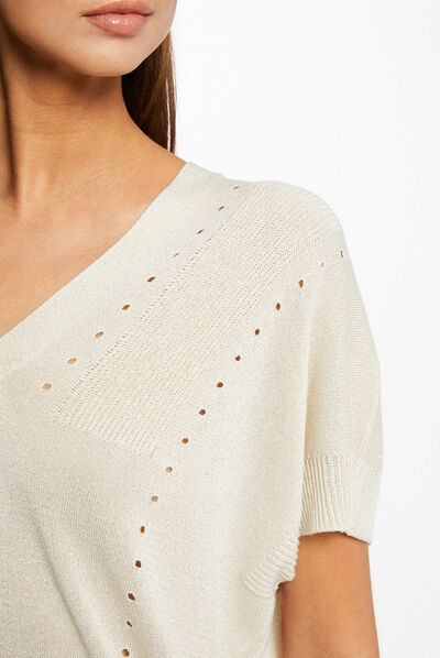 Pull manches courtes à col en V beige femme