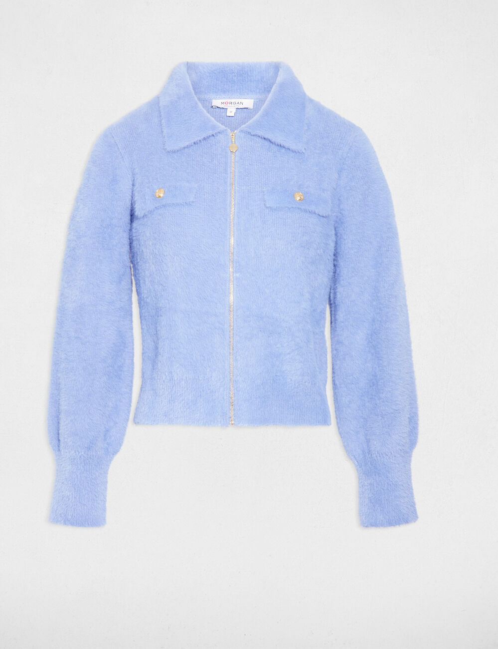 Gilet manches longues col &agrave; revers bleu femme