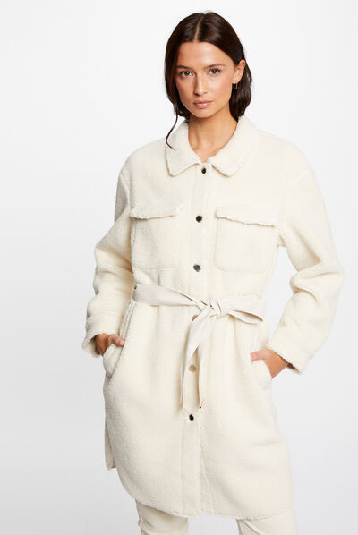 Manteau droit imitation fourrure ivoire femme