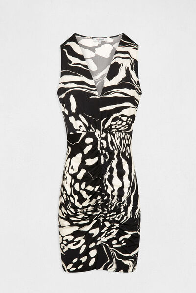 Robe ajustée froncée imprimé abstrait noir femme