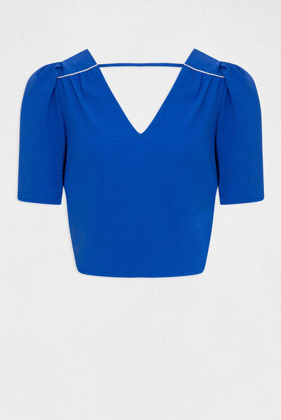 Blouse manches courtes dos ouvert bleu electrique femme