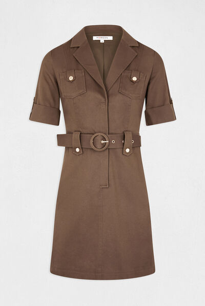 Robe droite ceinturée à manches courtes vert kaki femme