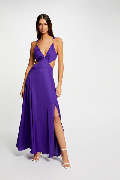Robe longue évasée avec ouvertures violet fonce femme
