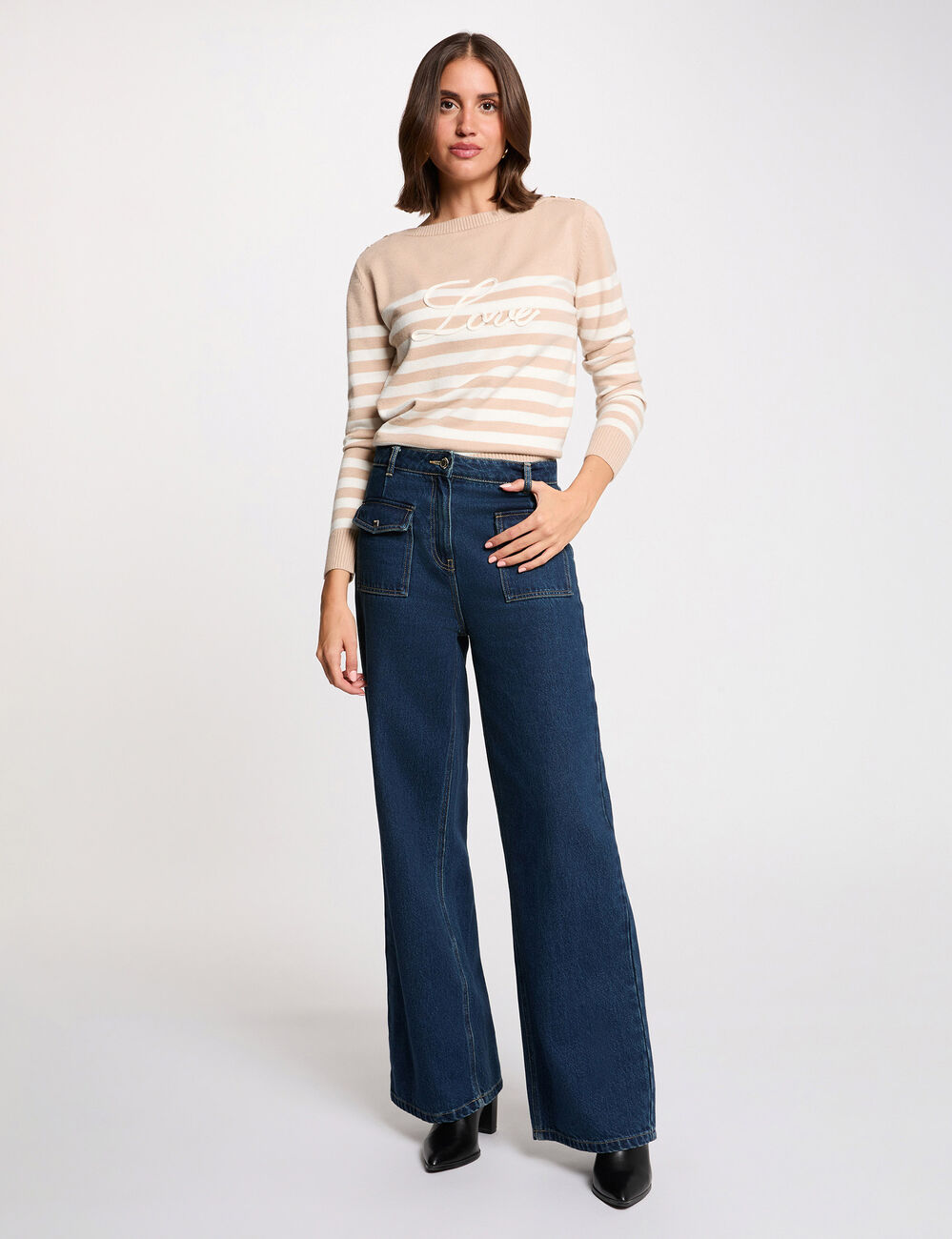 Pull ray&eacute; brod&eacute; marron clair femme