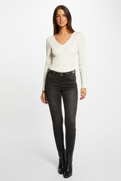 Jeans skinny avec ornements métalliques gris moyen femme