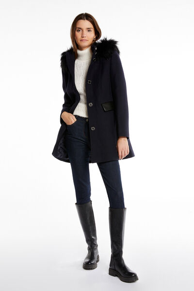 Manteau long détails simili cuir marine femme