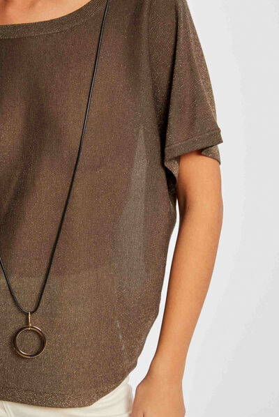 Pull manches courtes à détail bijou vert kaki femme