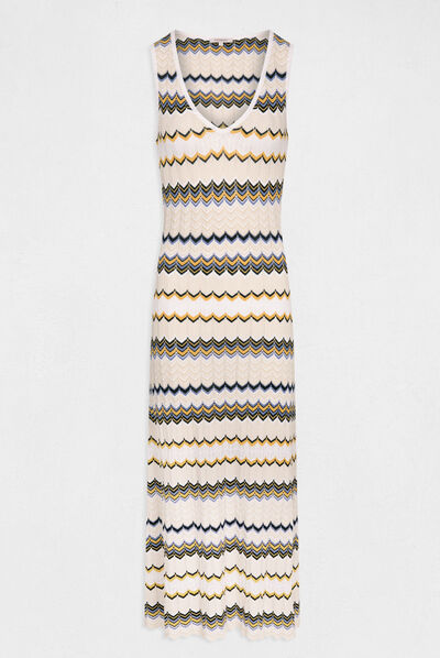 Robe pull longue droite imprimé chevron ivoire femme
