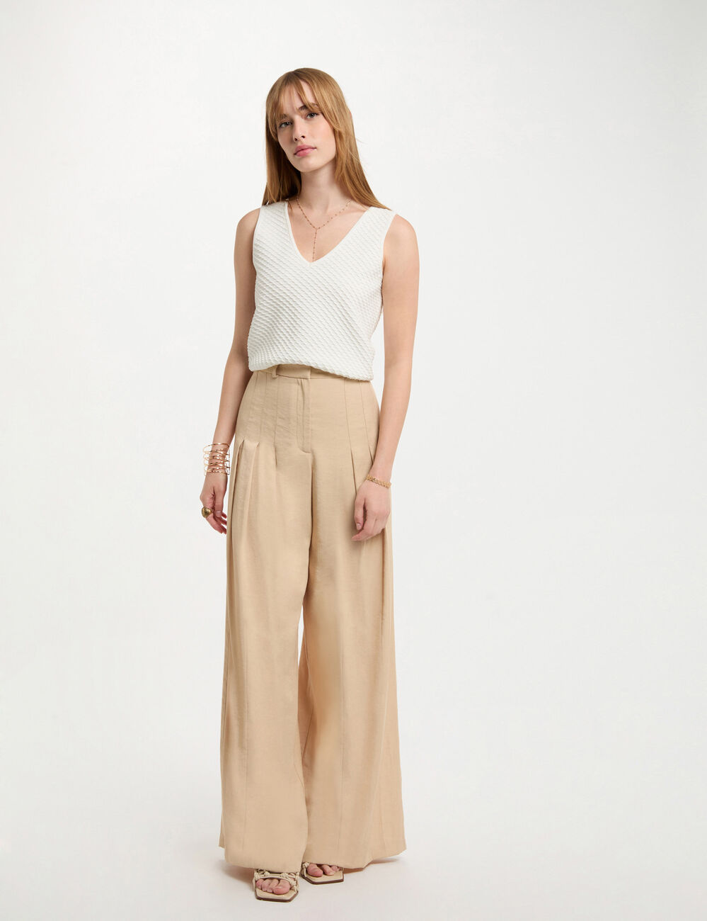 Débardeur maille col en V blanc femme