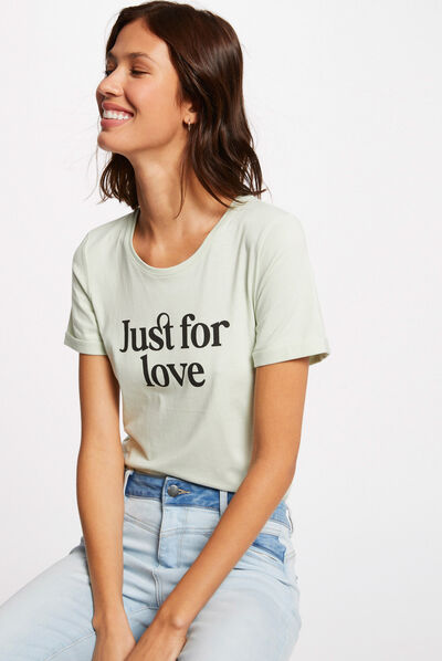 T-shirt manches courtes à inscription vert clair femme