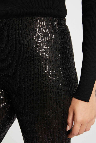 Pantalon large avec sequins noir femme