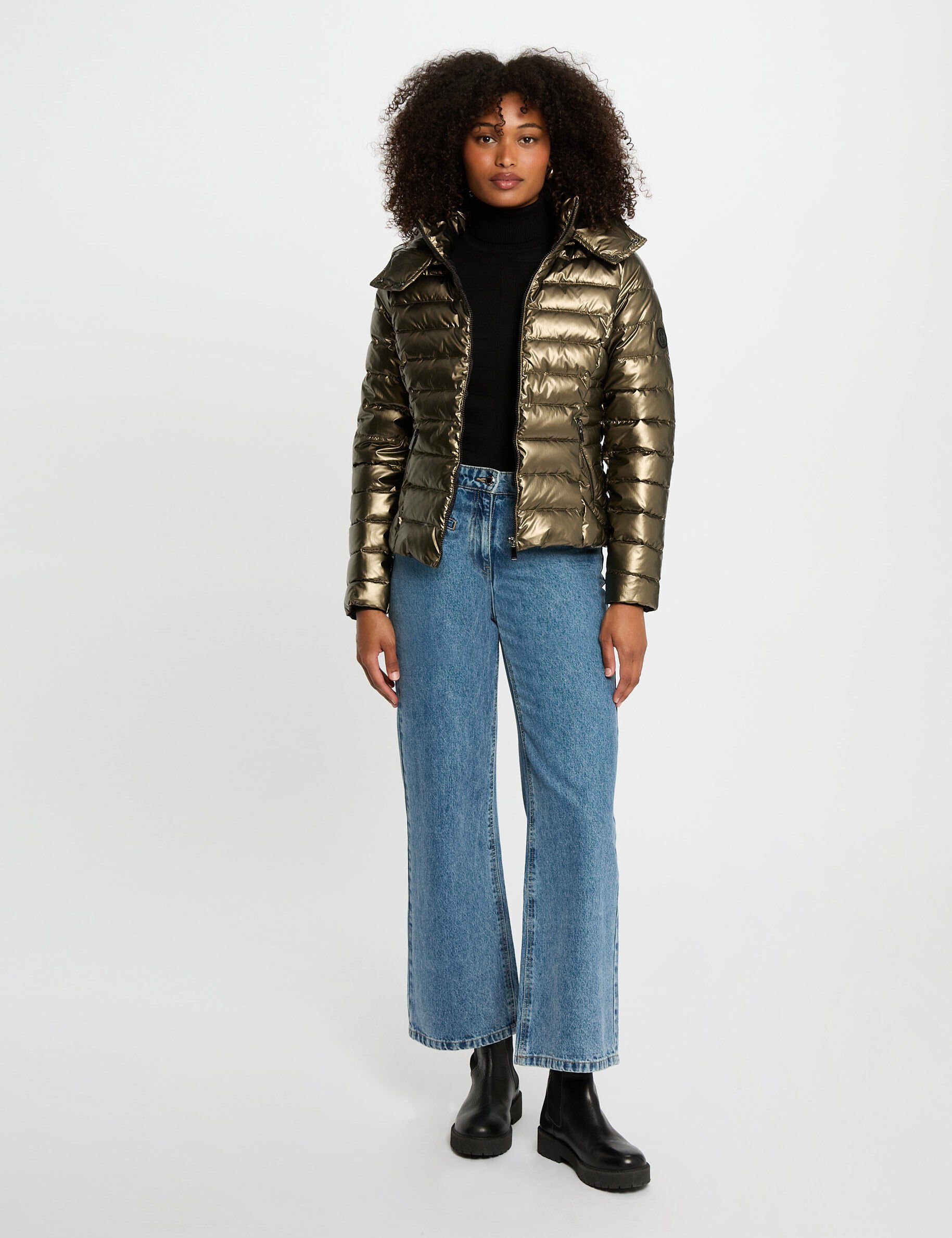 Doudoune métallisée à capuche couleur femme