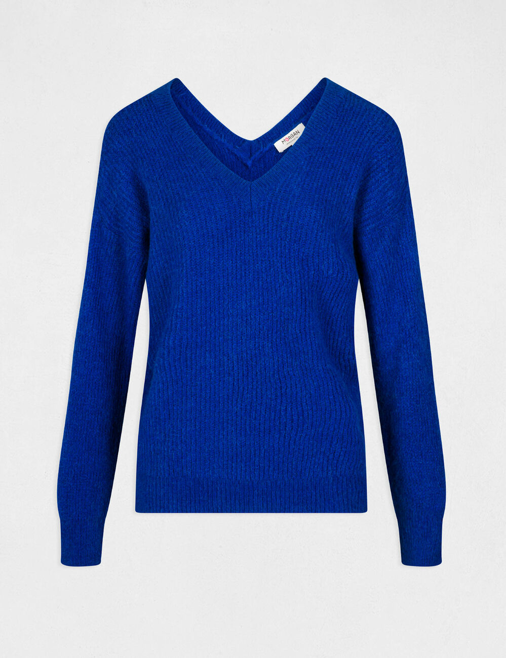 Pull manches longues &agrave; col en V bleu electrique femme