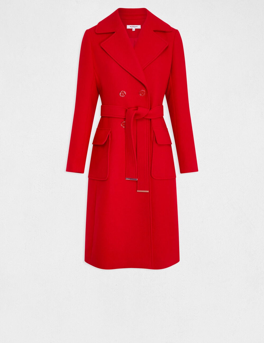 Manteau long cintr&eacute; ceintur&eacute; rouge femme