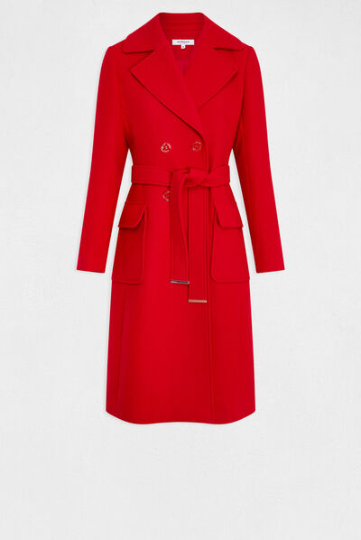 Manteau long cintré ceinturé rouge femme