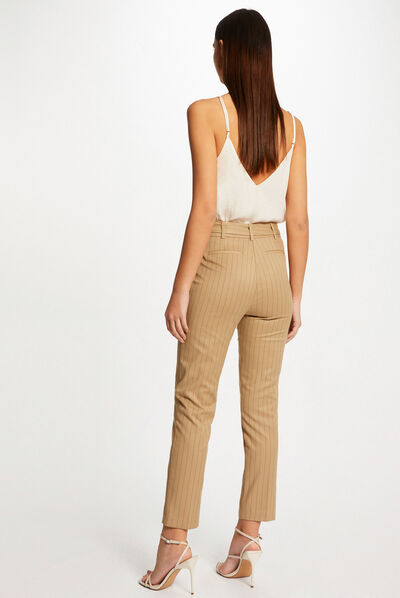 Pantalon cigarette 7/8ème à rayures beige femme