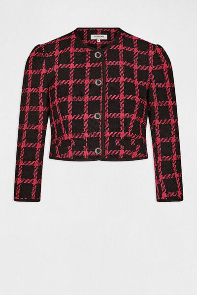 Veste droite col rond à carreaux noir femme