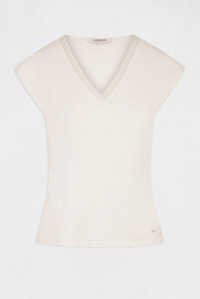 T-shirt manches courtes col en V ecru femme