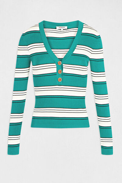 Pull manches longues à rayures vert moyen femme