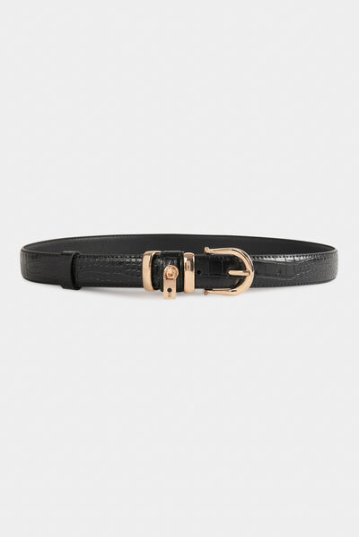 Ceinture avec cadenas aspect croco noir femme