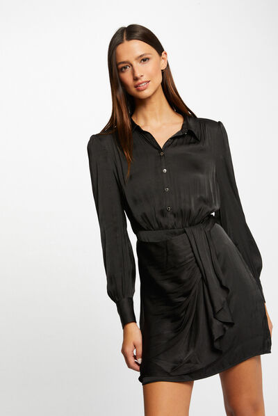 Robe droite drapée satinée noir femme