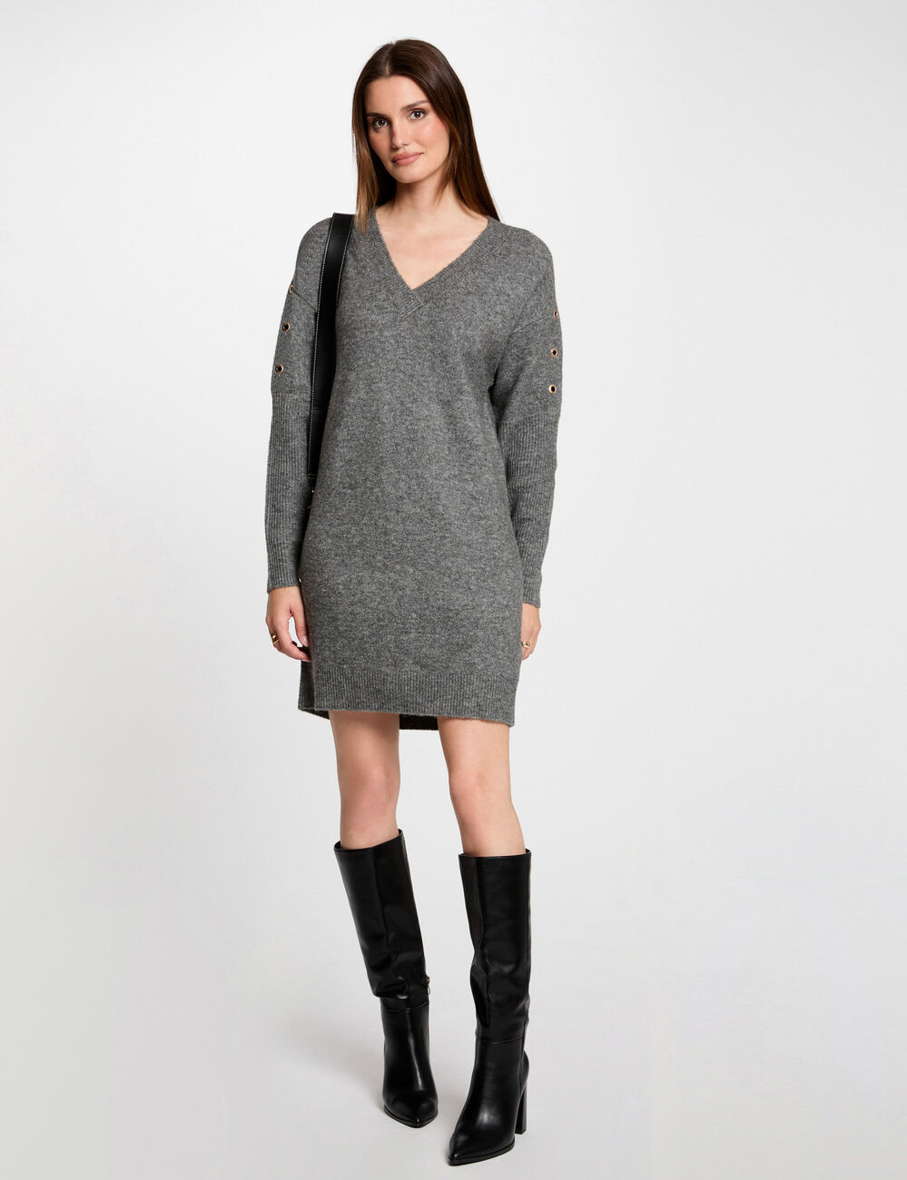 Robe tricot droite &agrave; oeillets gris anthracite femme