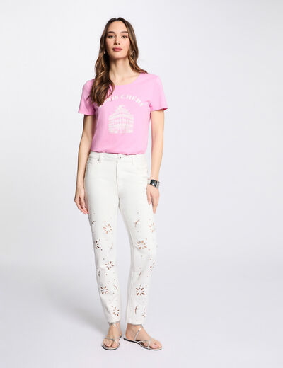 Jeans droit brodé blanc femme