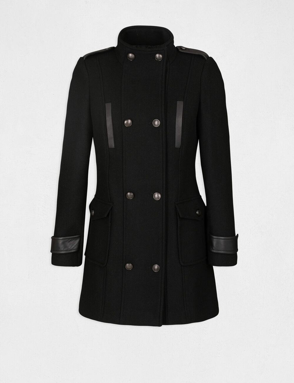 Manteau droit avec pattes boutonn&eacute;es noir femme