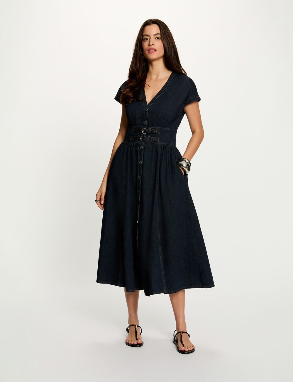 Robe mi-longue en jean bleu femme