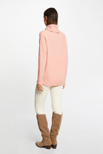 Pull manches longues col roulé corail femme
