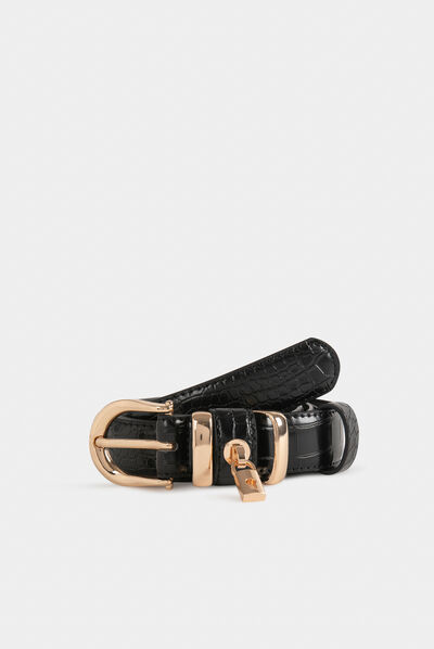 Ceinture avec cadenas aspect croco noir femme