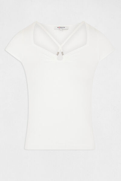 Pull manches courtes encolure coeur ecru femme