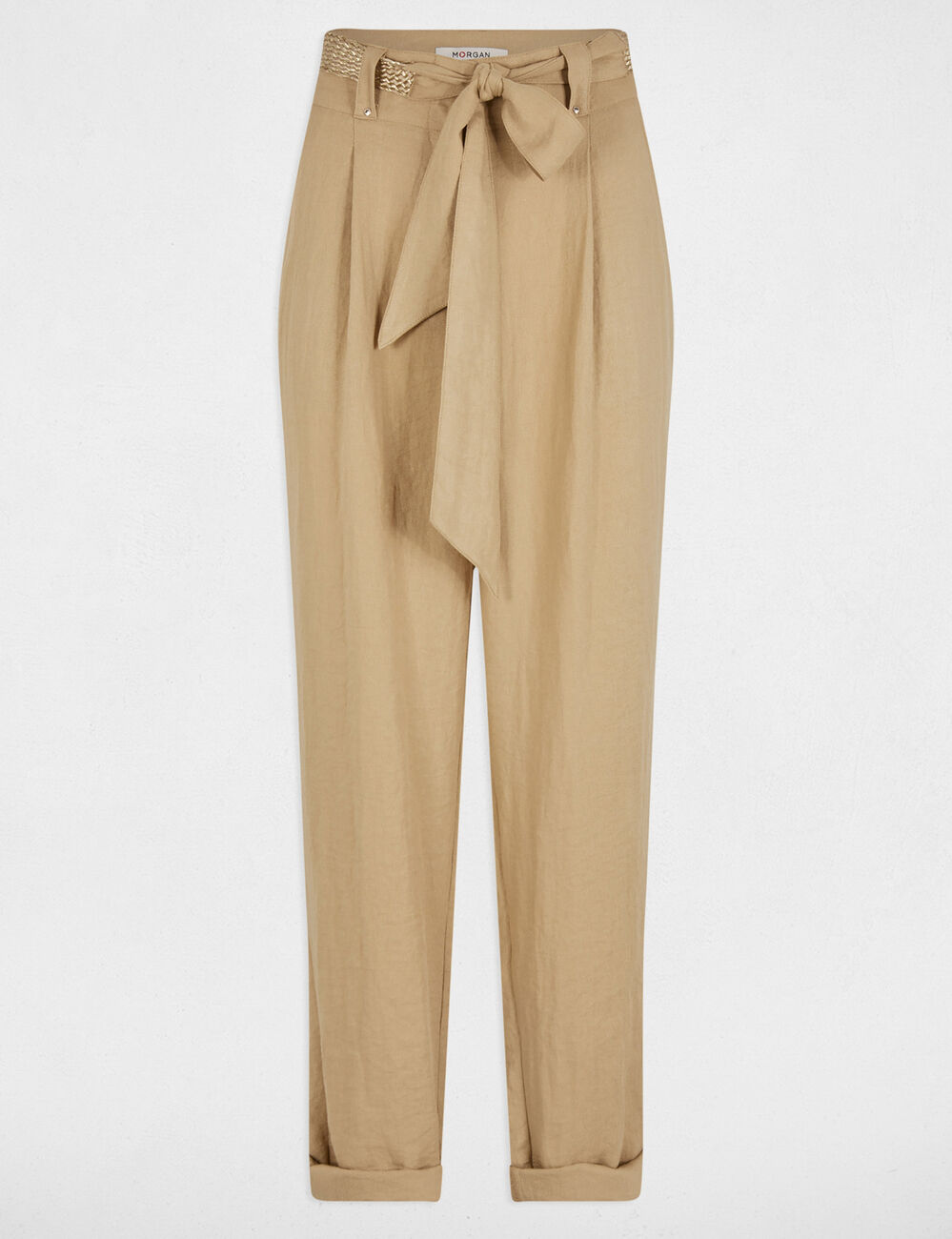 Pantalon carotte ceinturé beige femme