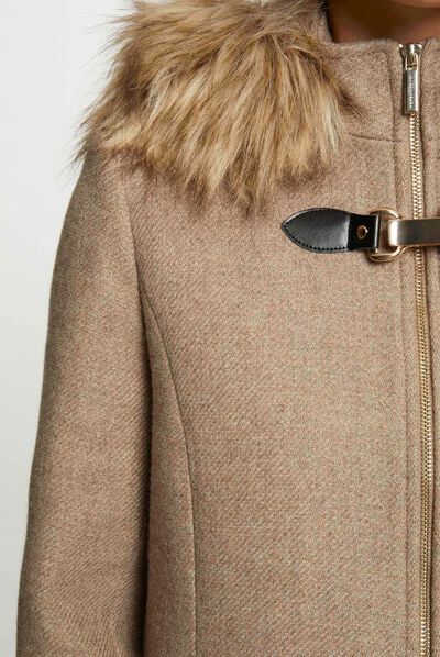 Manteau droit capuche imitation fourrure beige femme