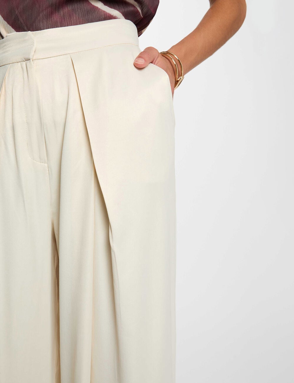 Pantalon fluide taille haute ivoire femme