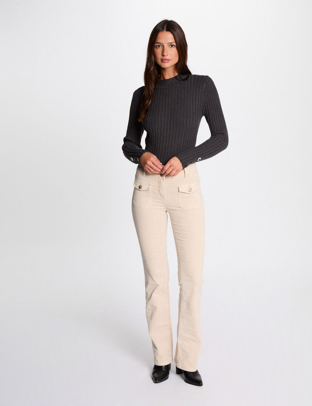 Pantalon ajust&eacute; velours ivoire femme