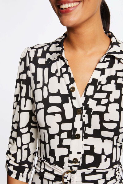Robe longue évasée imprimé abstrait ecru femme