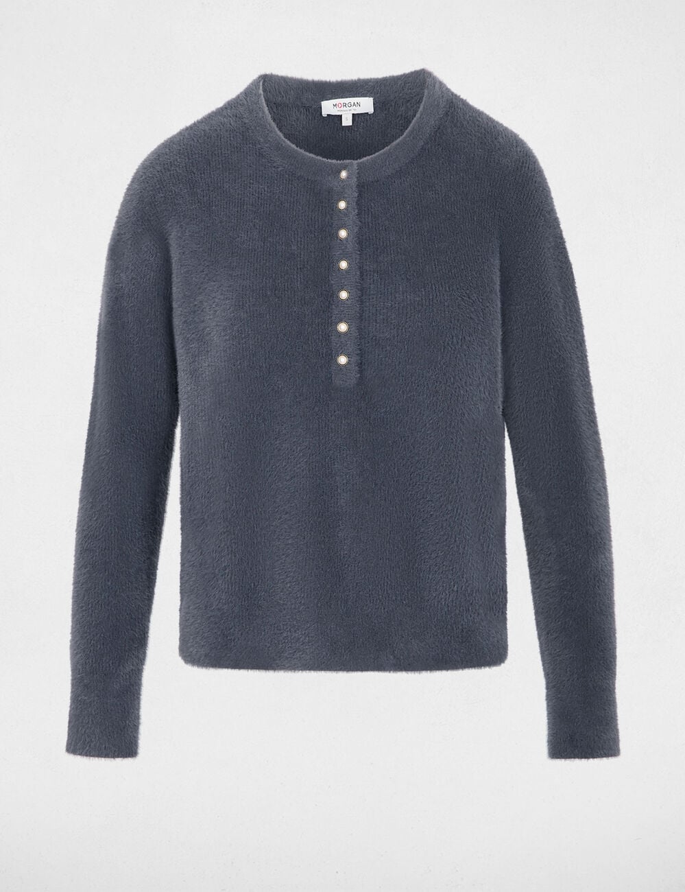 Pull col rond &agrave; boutons denim gris fonce femme