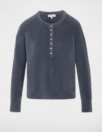 Pull col rond &agrave; boutons denim gris fonce femme