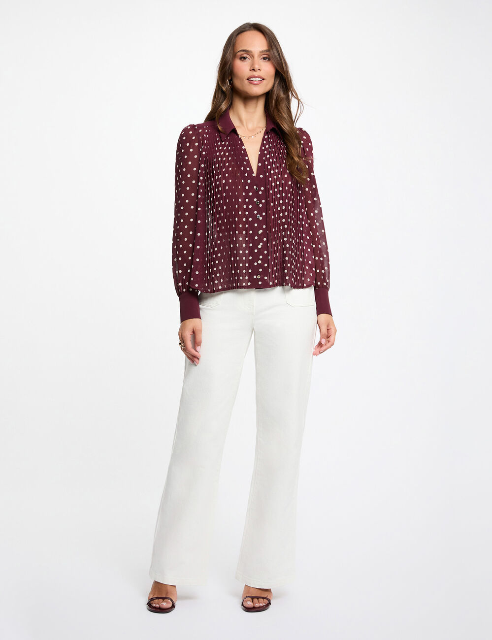 Chemise manches longues &agrave; pois bordeaux femme