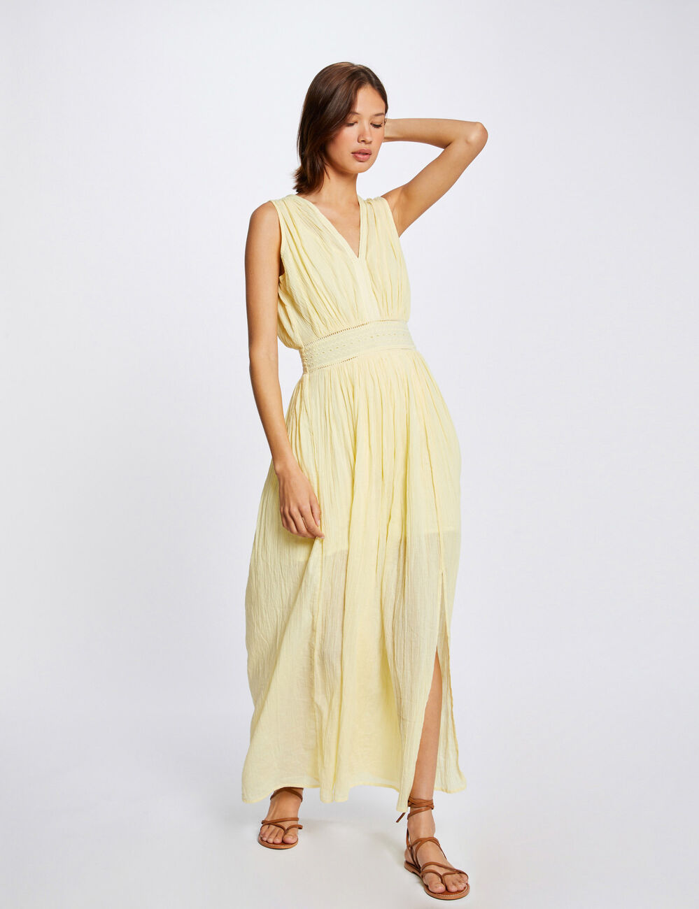 Robe longue droite avec broderie jaune femme