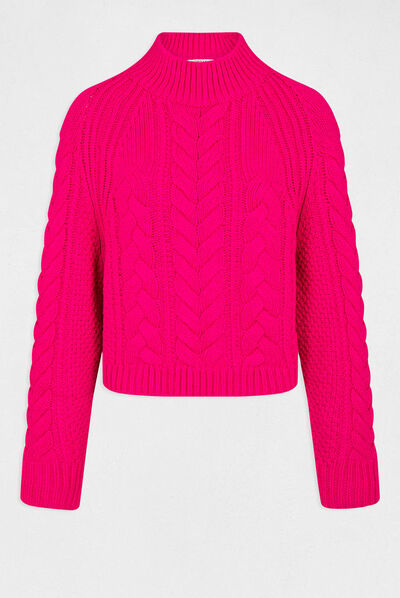 Pull manches longues col montant rose moyen femme