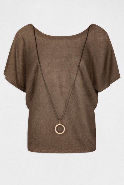 Pull manches courtes à détail bijou vert kaki femme