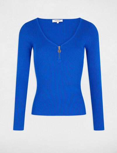 Pull manches longues côtelé détail zippé bleu femme