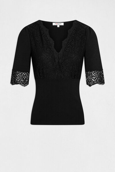 Pull manches courtes à dentelle noir femme