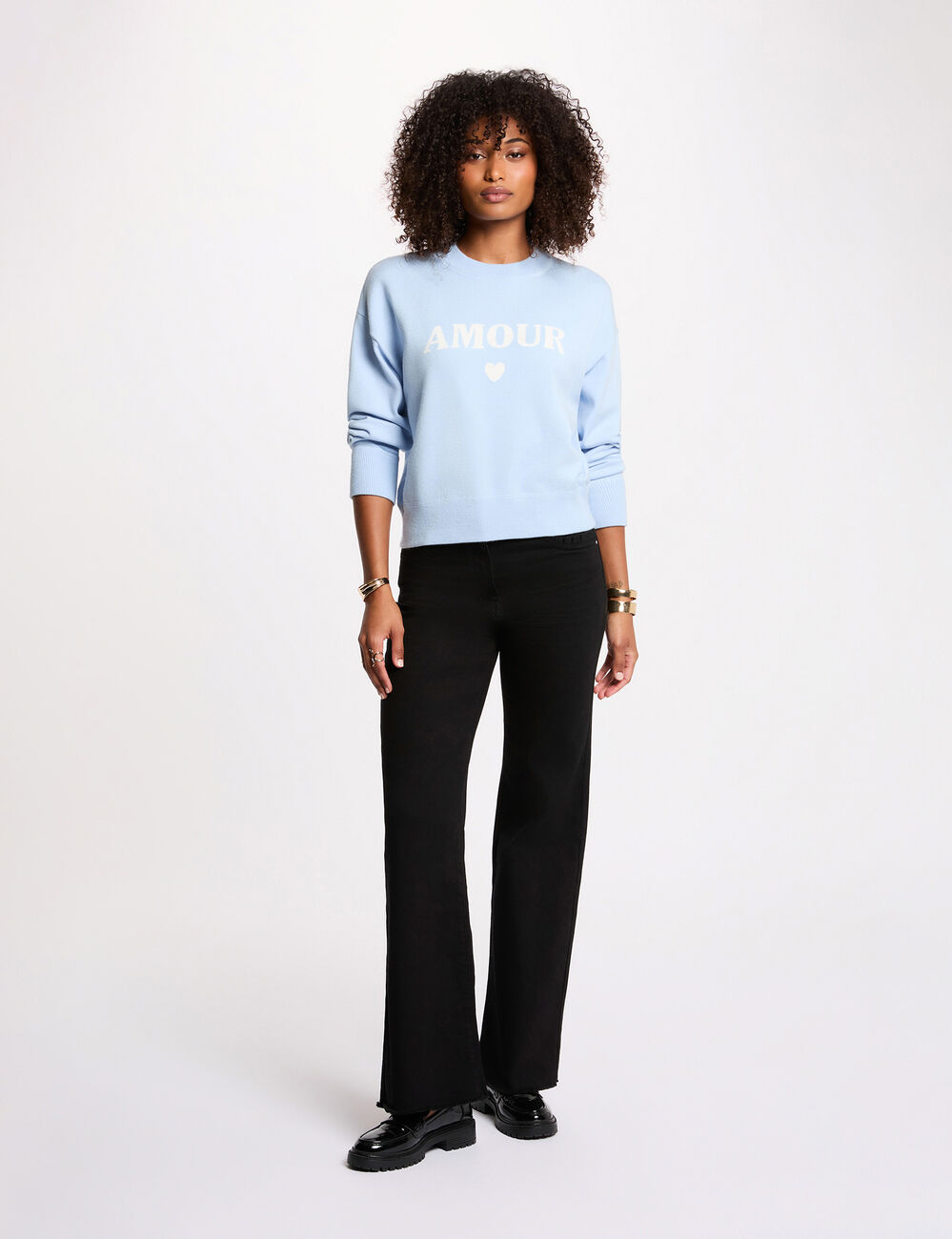 Pull &eacute;pais col rond bleu ciel femme