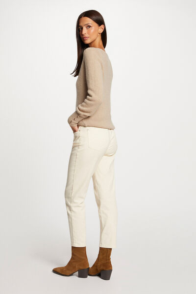Pull manches longues col en V beige femme